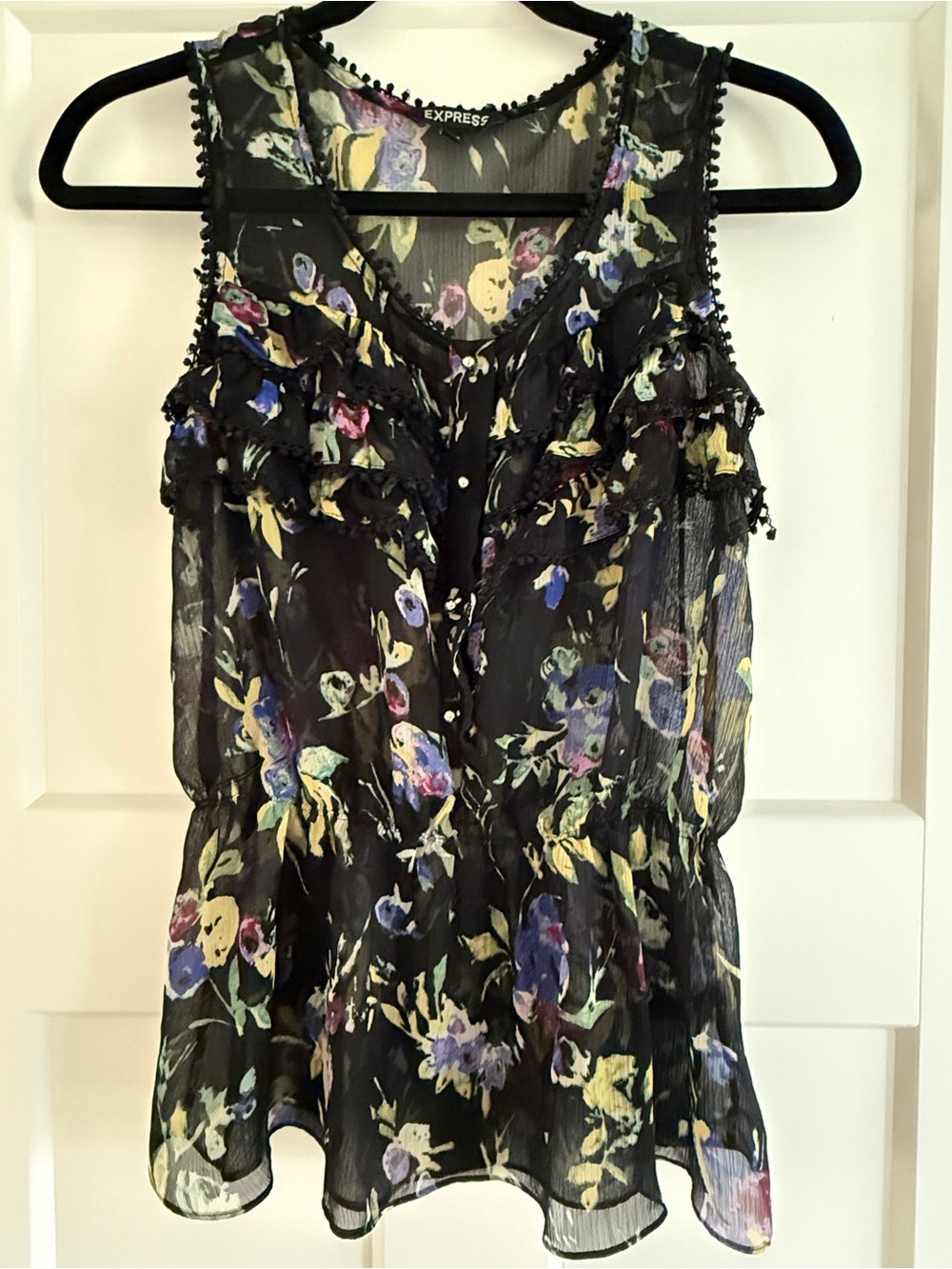 Express Black Sheer Floral Ruffle Camisole